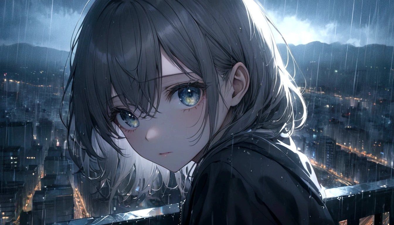 1girl, night, city background, masterpiece, hope eyes, thinking eyes, self-hope, rain, ultra detailed, 8k, 16k, detailed eyes, gray background