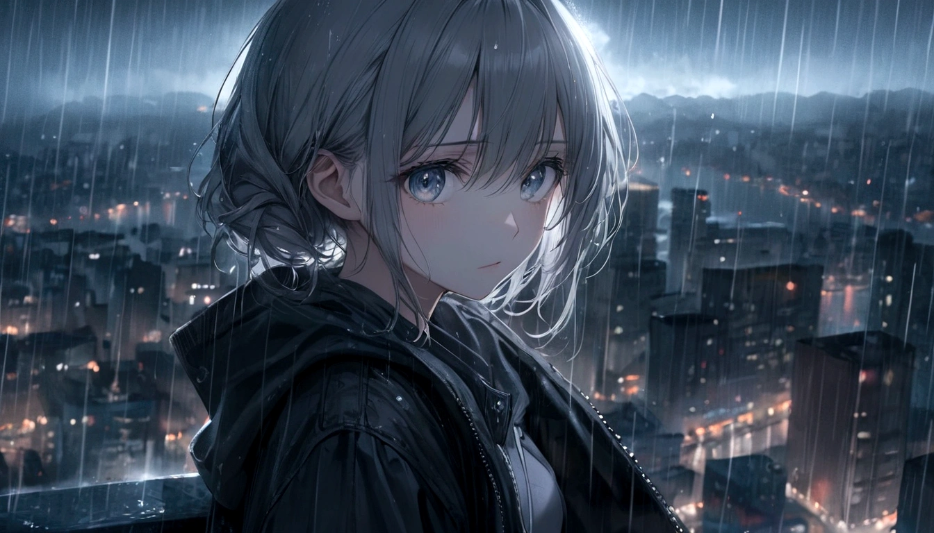 1girl, night, city background, masterpiece, hope eyes, thinking eyes, self-hope, rain, ultra detailed, 8k, 16k, detailed eyes, gray background
