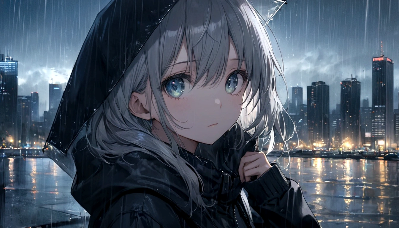 1girl, night, city background, masterpiece, hope eyes, thinking eyes, self-hope, rain, ultra detailed, 8k, 16k, detailed eyes, gray background