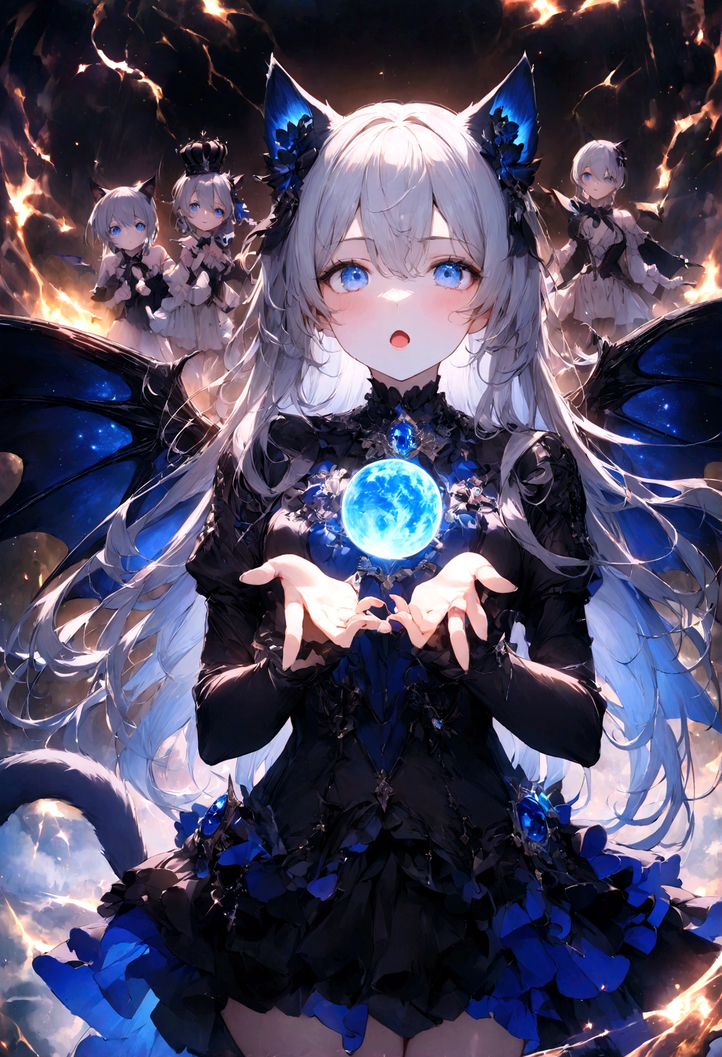 cute、、Young Girl、12age、Flying、Your eyes are bright and beautiful、whole body、Gray Hair、Black cat ears、Cat's Tail、Beautiful blue eyes、Black crown、Black and blue vampire wings、Glare、Rin々Funny face、beautiful、blue Moon、Lots of blue light、universe、Fantasy,Lots of light、gem、magic、AmbiLight,The colors are vivid and bright,Black background,haze,Detailed depiction,Rich details,Explosion of imagination,Surreal,Ultra-realistic,masterpiece,8k,Light,Tyndall effect