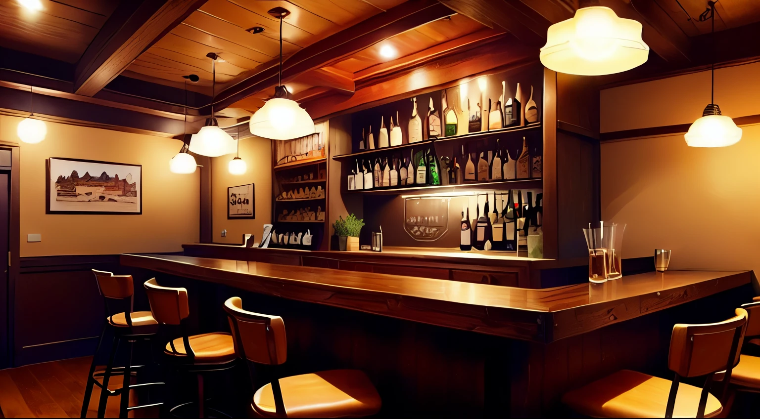 Irish bar with counter and chairs, Traditional bar interior, 心地よいCozy atmosphere,, Cozy atmosphere, Cafe, Warm and fun atmosphere, Wide Full Shot, Nostalgic atmosphere, Warm lighting inside, Cozy atmosphere, A multifaceted cozy izakaya, A luxurious study with warm lighting, Bright lighting style atmosphere, A cozy dimly lit pub