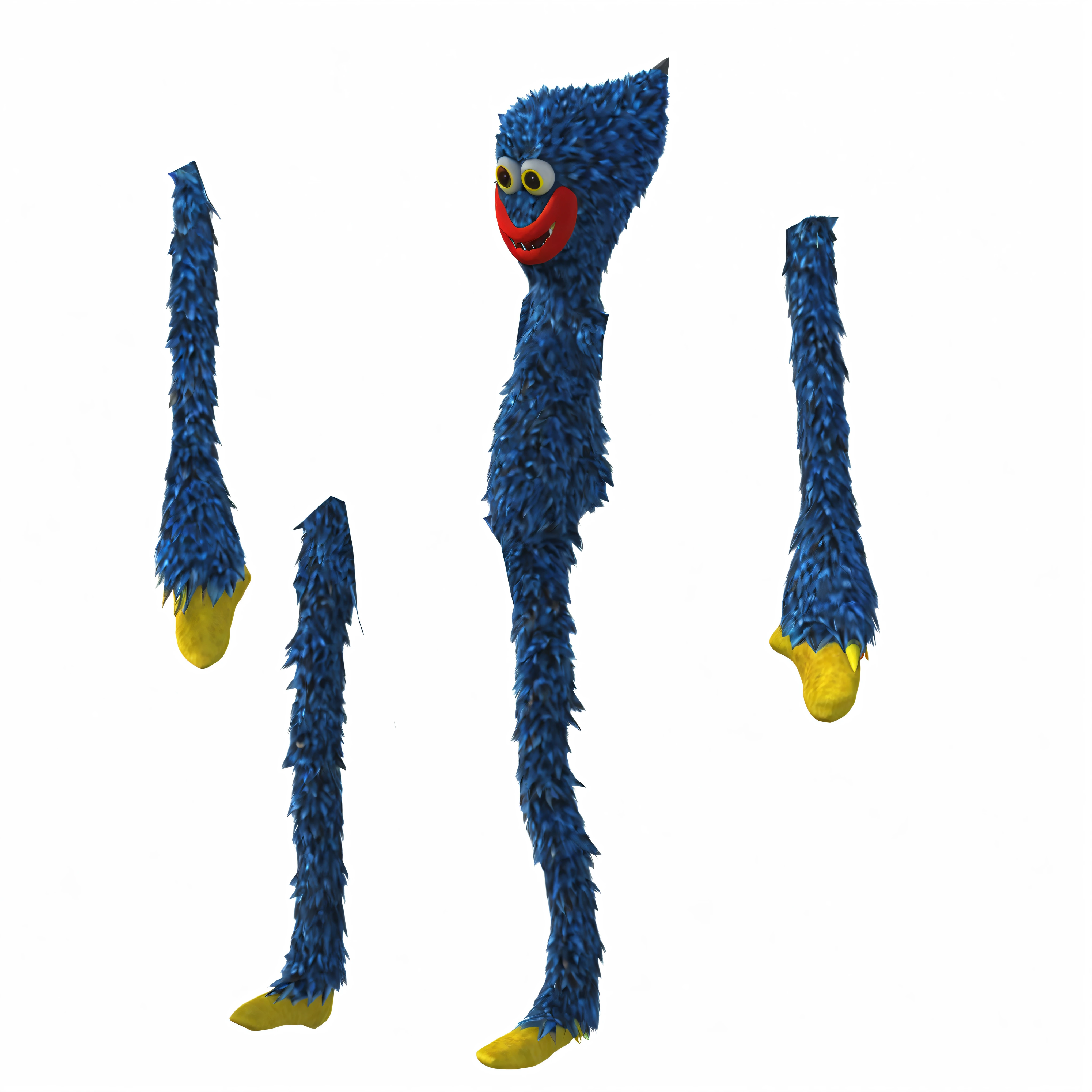 This is a monster in the game with plain blue fur, yellow hands and feet, a triangular head with a wide red mouth