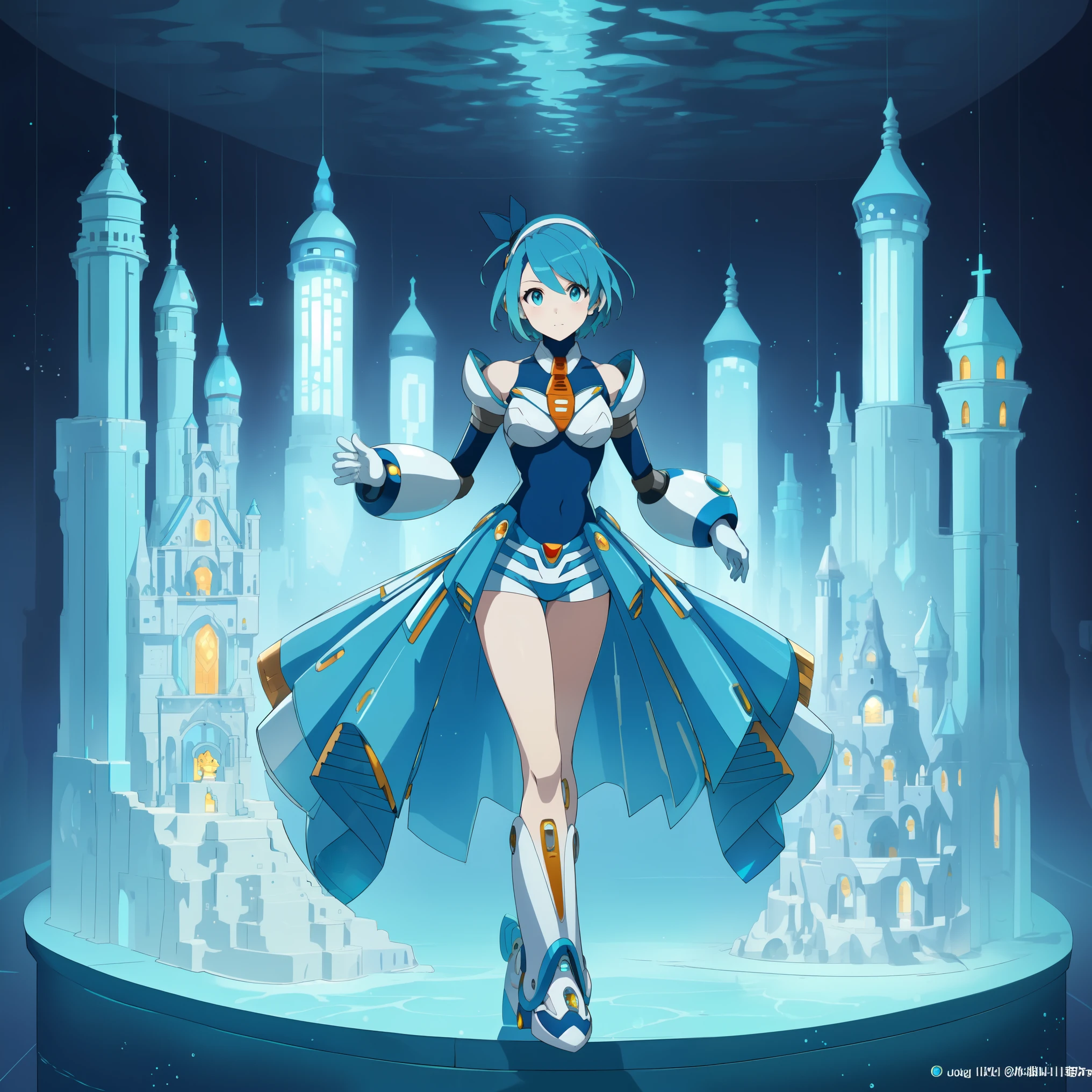 rico_megamanxdive, 1girl, solo, blue eyes, short hair, blue hair, android, high quality, masterpiece, standing in an underwater city with lots of bubbles, in the style of yuumei, intricate architectures, indigo, miniature illumination, daniel f. gerhartz