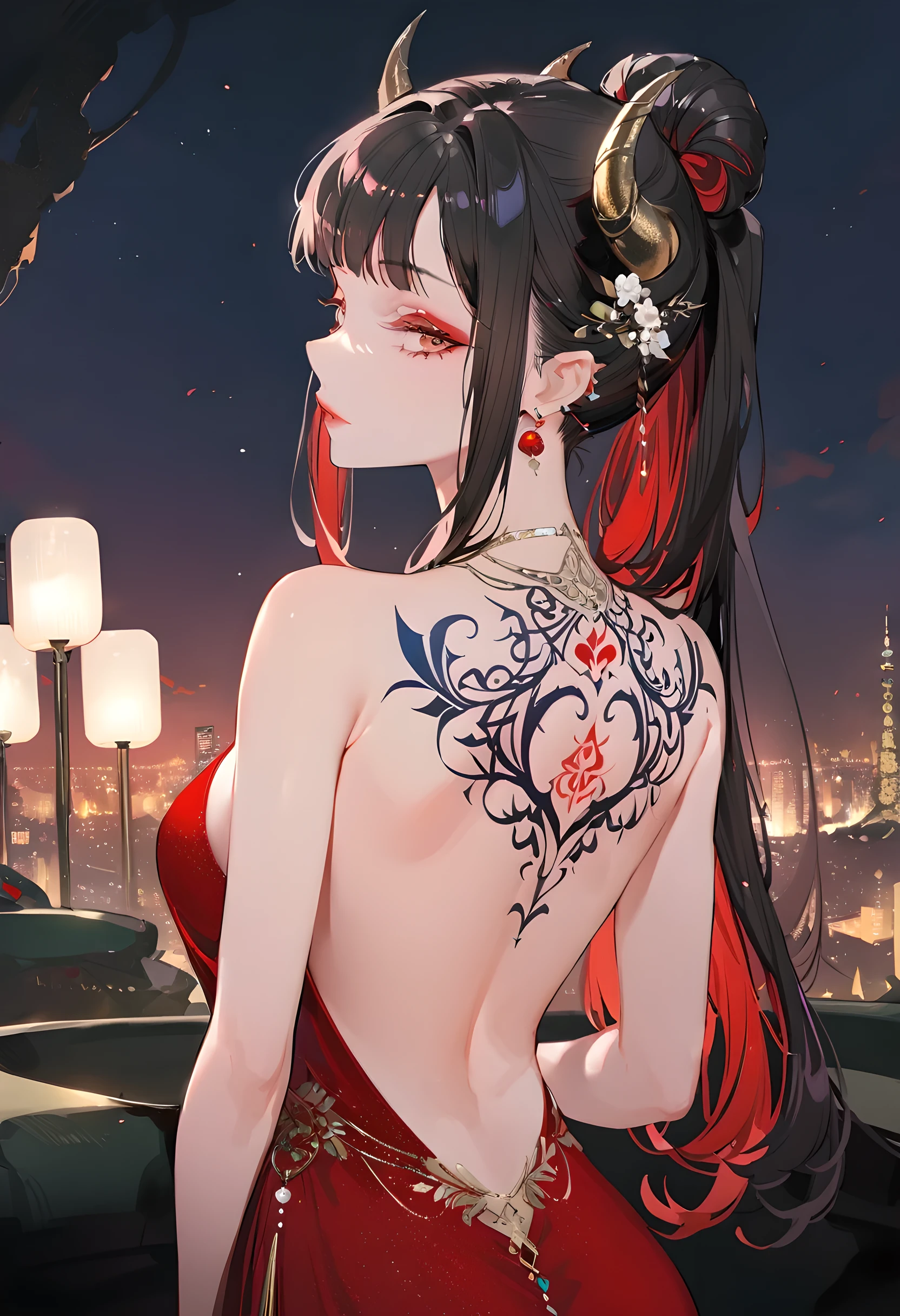 best quality,masterpiece,ultra high res,intricate detail,8K,sharp focus,((no text)),(extremely detailed CG unity 8k wallpaper),from behind,1girl,demon girl,looking back,demon horns,long hair,red hair,thick thighs,(Back tattoo:1.2),evening gown,halter dress,Tattoos on the back,perfect face, exquisite makeup,close up