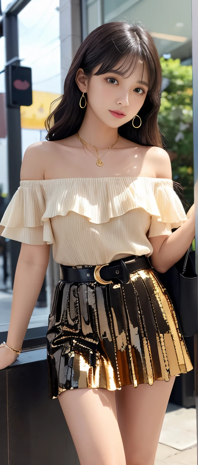 Pure idol girl、whole body、Good style、、、、、、、、、、Tanned thick legs、Night Town、Gold sequin pleated mini skirt、Partially off-the-shoulder business shirt（black）、、Cross Belt