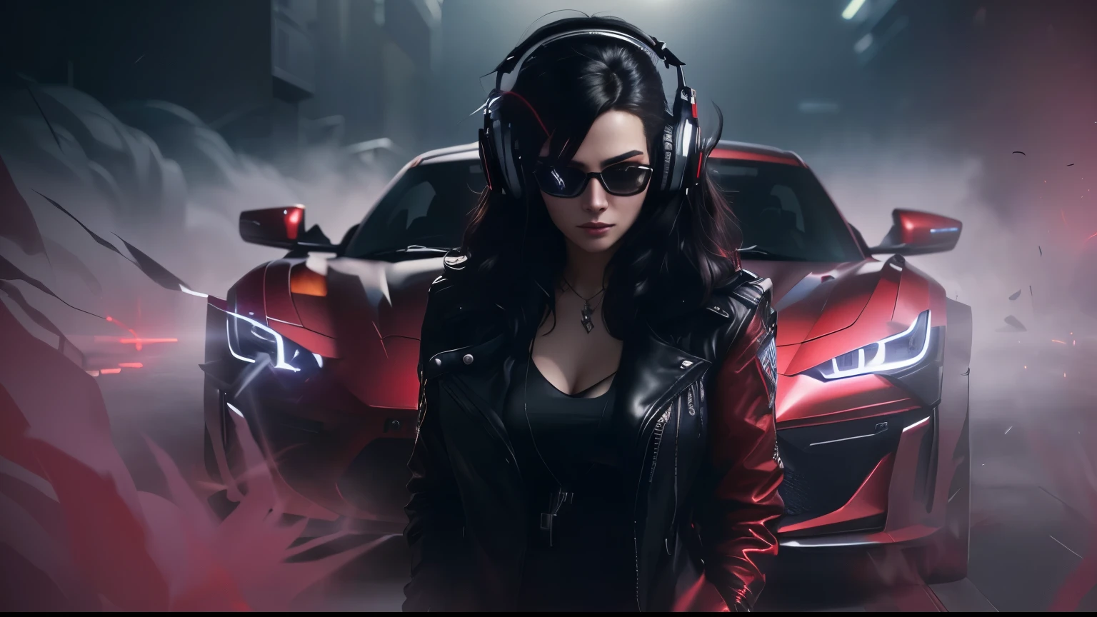 Araffed woman in black leather jacket and headphones, standing in front of a red sports car, Audiophile, девушка in headphones, sports car, portrait shot, seductive cyberpunk, dark fantasy, Clip, Red & Cinematic Lighting, best on Adobe Stock, barbara hammer 4 k, Karol Buck, contract, in headphones, Cyberpunk beautiful girl, 8k in style