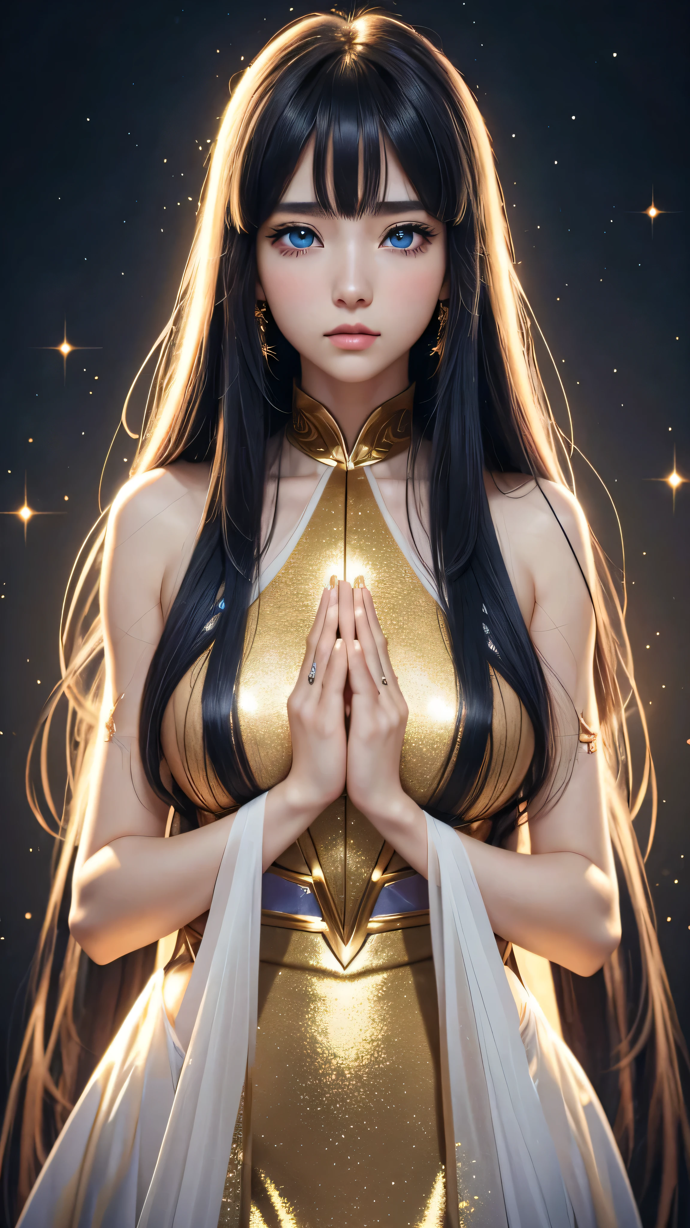 8K、Ultra HD、anime、（A very beautiful female character with beautiful features）、（（Beautiful clear blue eyes））、Beautiful long hair、Messy bangs、Depiction of the upper body、（（（Beautiful long thin fingers）））、（（（Prayer Pose）））、（（Wearing a glittering golden outfit））、（I&#39;m doing fortune telling）、Mysterious Space、（（Hexagram））、（（Facing forward））、（（（I&#39;m directing my gaze here）））、