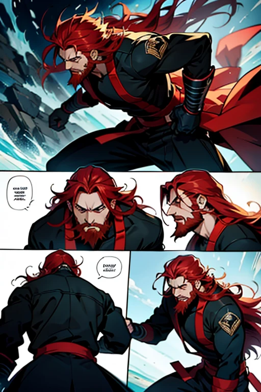 Anime guy woth long red hair and beard fighting to the death, intense fight scene , full body shots manga page with panels and dialogue 