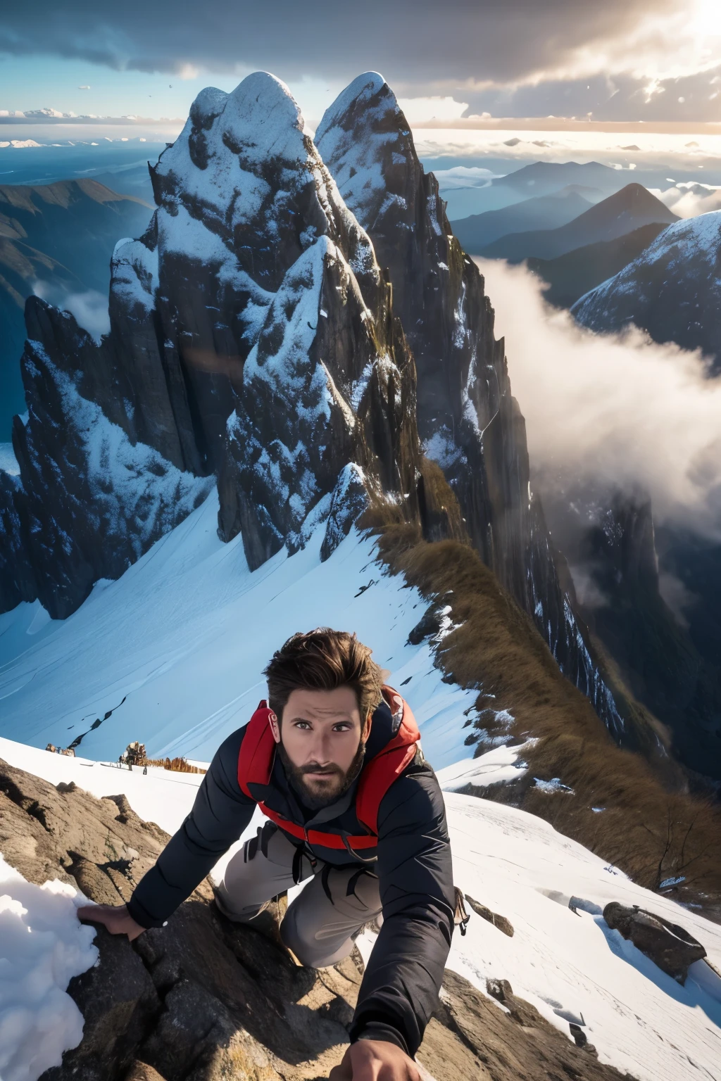 a man climbing a steep mountain cliff, dramatic closeup of face, eyes focused, reaching out to place pitons, epic landscape, dramatic lighting, cinematic, photorealistic, 8k, highly detailed, masterpiece、Snow Mountain、Blizzard、Snow is blowing、The whole thing is Snow Mountain、Snow is falling、Add more snow、