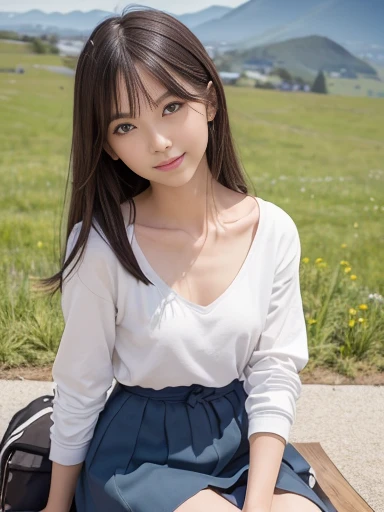 a lot of details, (underweight), 30 years old, detailed black hair, beautiful detailed hair, super fucking beautiful, delicate beautiful face, complex details beautiful and delicate eyes, perfect hands, (flat chest best quality:1.5), perfect and delicate limbs, detailed skin, best quality, ultra-detailed,(cheerful grin:1.3),
grassland, blissful, sitting on the ground, looking at viewer, straight hair, white long-sleeved t-shirt, blue skirt, with a Lunch box, (Scene of sitting on the ground and eating lunch), Japanese, with a mountain, with a grassland, in the afternoon, (extreme long shot:1.2), from front, ground-level shot, midday