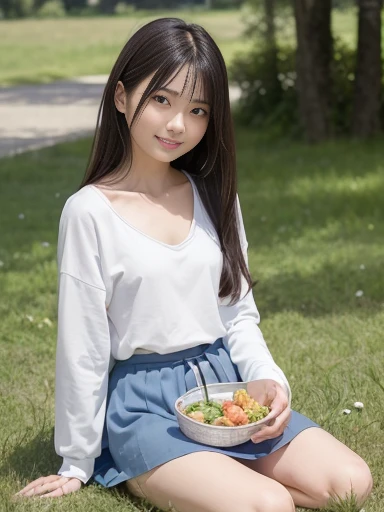 best quality, detailed, beautiful, insanely detailed, absurdres,perfect anatomy,
Japanese female,black hair,27 years old,
(slender),
(small breasts best quality),(super fucking beautiful),(super fucking beautiful),
river, delightful, cheerful grin, sitting, single braid, (pink t-shirt), (white skirt), (Scene of enjoying a barbecue:1.3), japanese, with a river, full body shot, from front, birds-eye view, midday