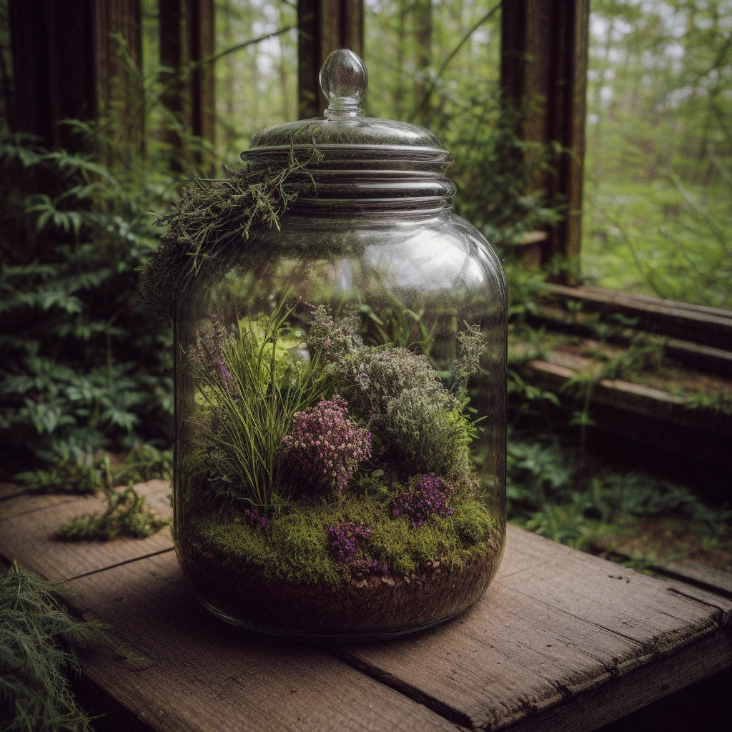 (best quality,4k,8k,highres,masterpiece:1.2),ultra-detailed,(realistic,photorealistic,photo-realistic:1.37), raw photo of a stained glass jar with a miniature garden inside in a worn-out greenhouse on rotten wooden table, evocative atmosphere, witchcore aesthetic, cottagecore, shabby chic, delicate, romantic, magical aura, green witch vibe, forest witch, eerie, gothic, angled perspective, side-top view, centered composition, ambient light, caustics, low contrast, bright colors, greenery, herbs, flowers, moss
, accurate, f/4.0, 35mm, UHD