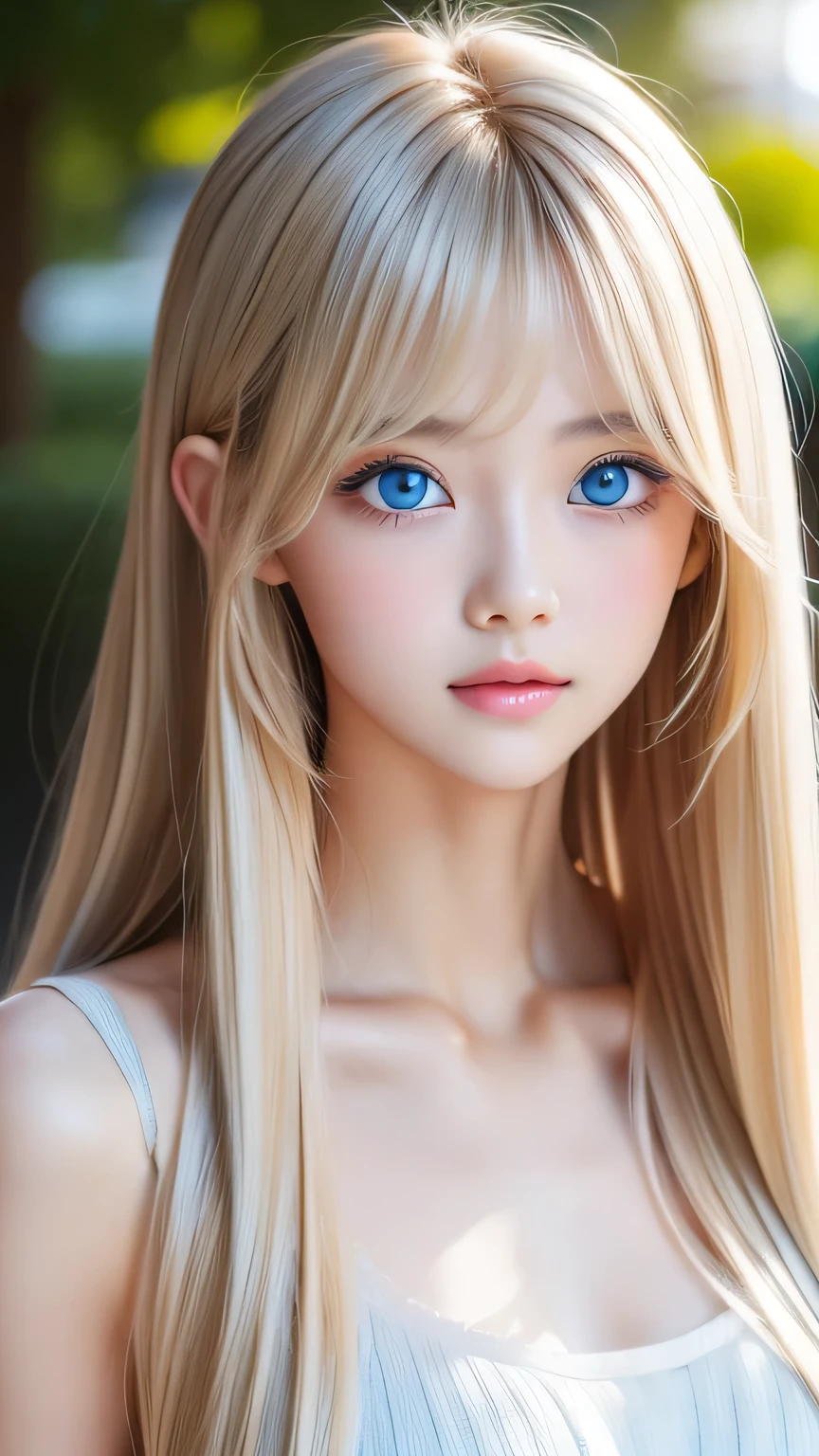 A perfectly beautiful face、Super long messy silky beautiful blonde、Beautiful cute girl 15 years old、Sexy and very beautiful cute face、Beautiful cute sexy bright pale sky blue big eyes、Long beautiful bangs、Very super long beautiful blonde shiny silky hair、Very white skin、Cheek gloss、Glossy Skin、eyeliner、A peerless beauty、Hair above the eyes、片Hair above the eyes、Hair between the eyes、