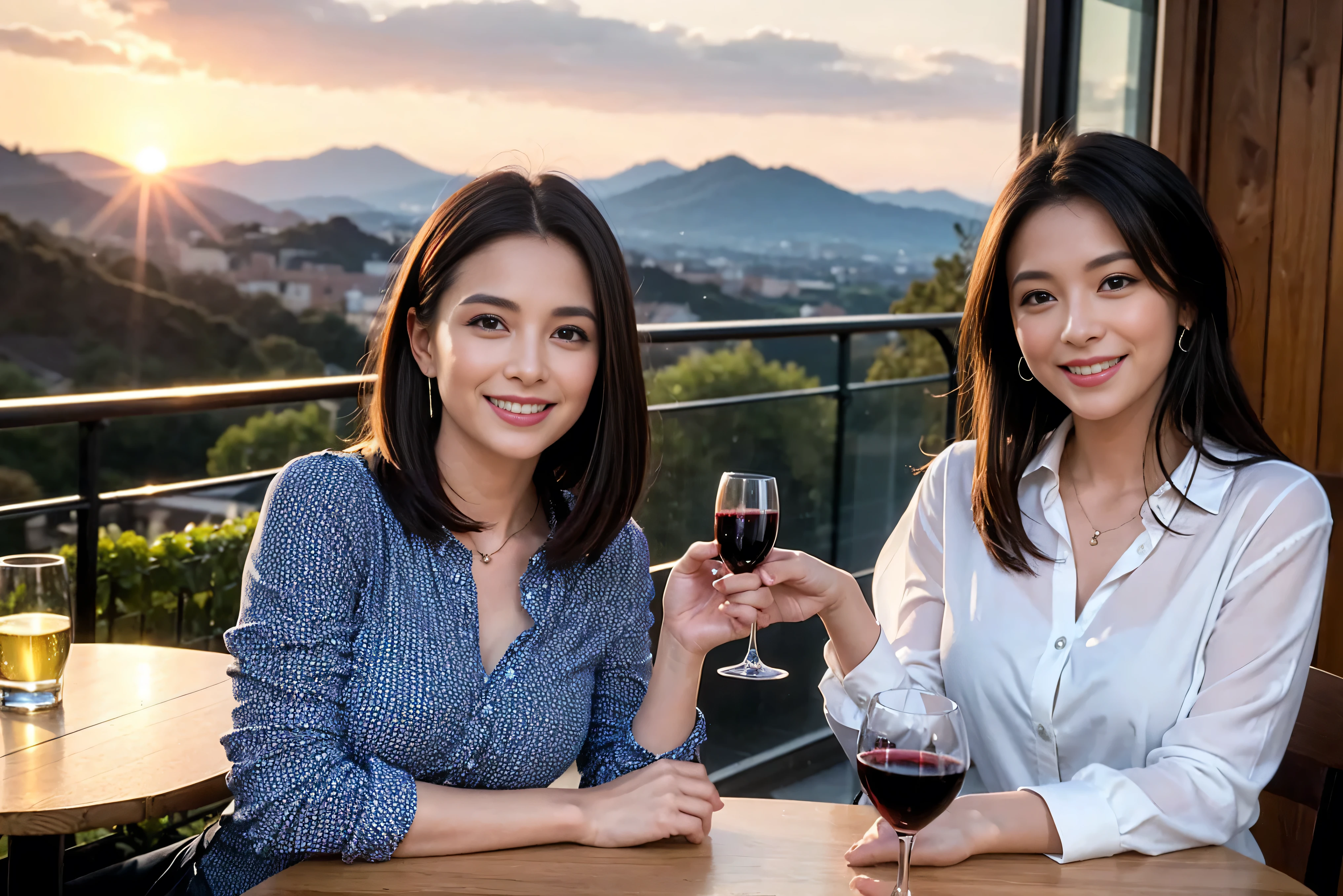 ((highest quality、8k、masterpiece:1.3))、1 male 1 female、Lovers、beautiful couple、Happy Smile、 (Slim face), (The body is スリム), (Brown Hair), (Shortcuts), ((Bob Hale、Straight hair:1.2)), Wine glass on the table、Please put light on my face、 Amazing view of the sunset sky and clouds、Amazing mountain views、The wonderfulness of smiles、Bright image、Blushing, Shortcuts,Bright Face、 (42 years old), 39 years old, red wine 、Appetizers、Italian food、Wine bottle、Champagne、sparkling wine、Long sleeve shirt、dress、Attractive beauty、restaurant, Nova Frog Style, actress, model, Upper Body, White wine, red wine, wine glass,