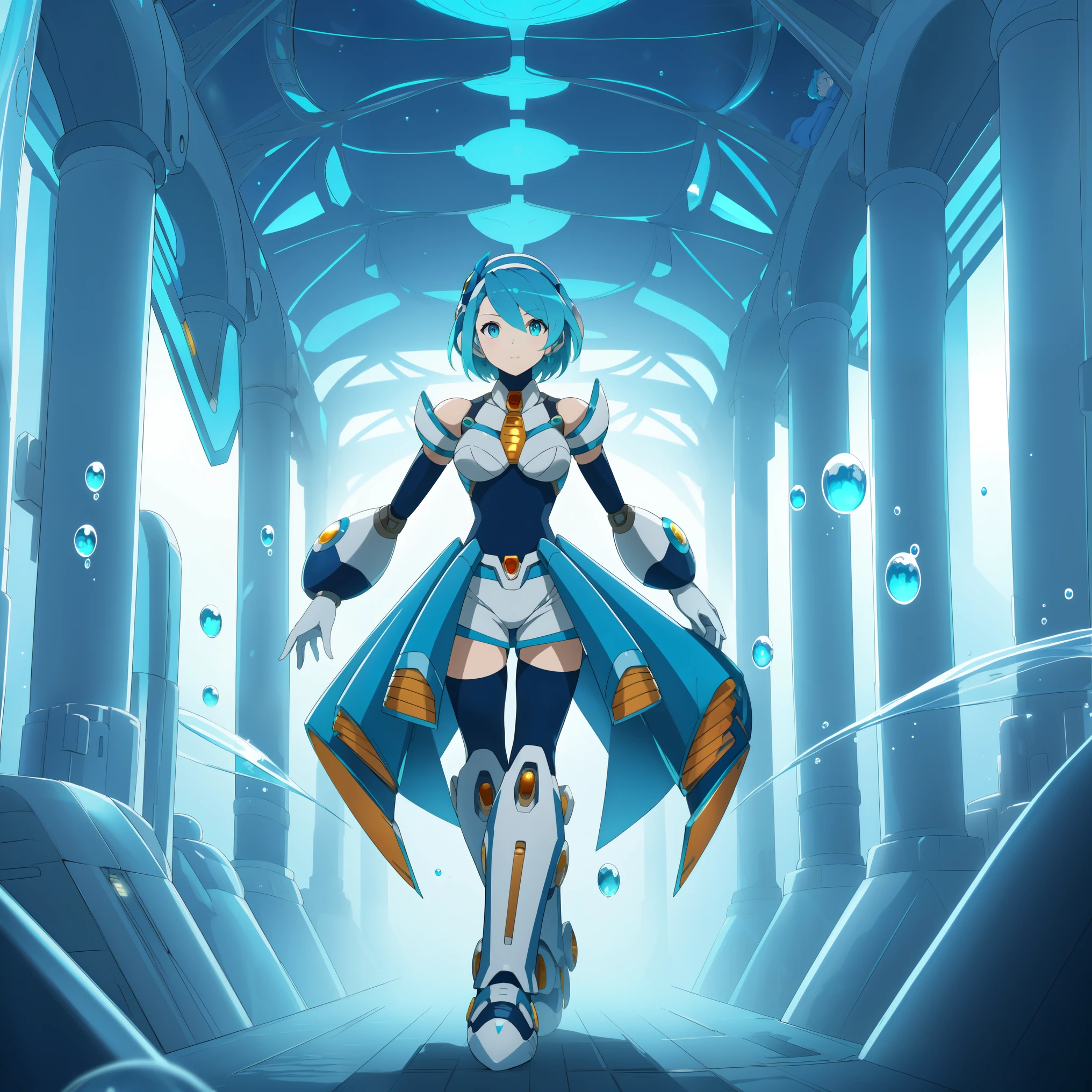 rico_megamanxdive, 1girl, solo, blue eyes, short hair, blue hair, android, high quality, masterpiece, standing in an underwater city with lots of bubbles, in the style of yuumei, intricate architectures, indigo, miniature illumination, daniel f. gerhartz