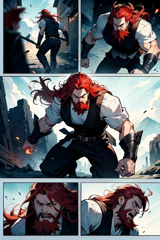 Anime guy woth long red hair and beard fighting to the death screaming, intense fight scene , full body shots manga page with panels and dialogue