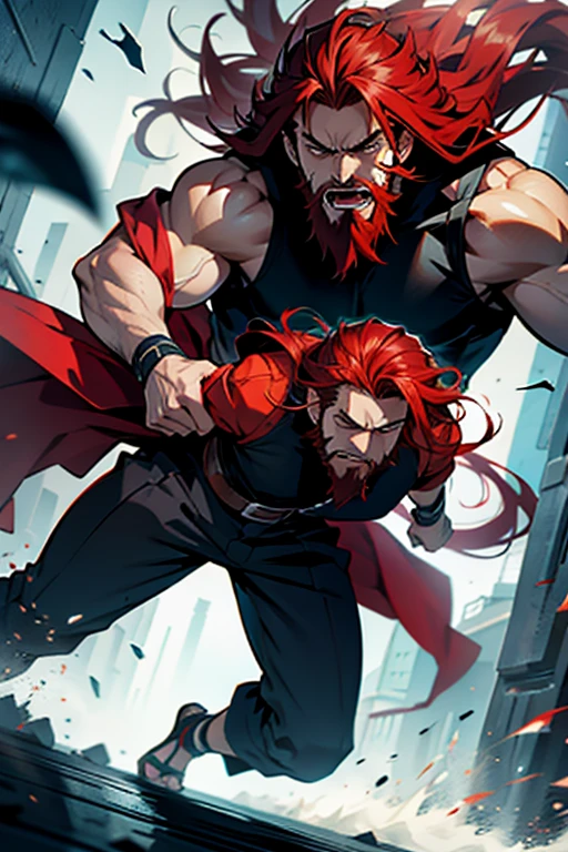 Anime guy woth long red hair and beard fighting to the death screaming, intense fight scene , full body shots manga page with panels and dialogue