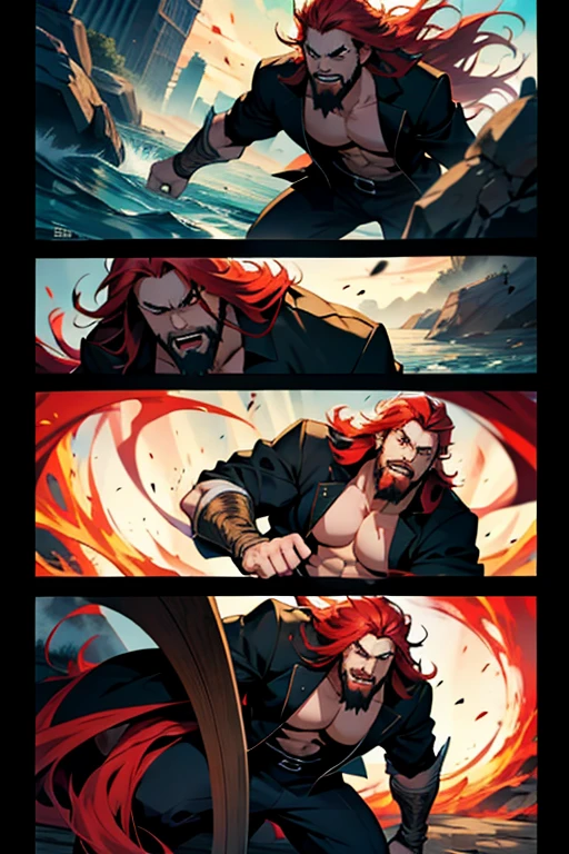 Anime guy woth long red hair and beard fighting to the death screaming, intense fight scene , full body shots manga page with panels and dialogue