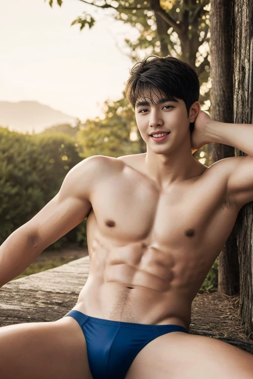 (ung man), age 18, Opposite 3, (Masterpiece, Excellent quality, high resolution, 8ก, complex: 1.2), (detailed face: 1.2), (lower sexy bikini thong), (shirtless), ((topless)), ((pubes)), Very handsome, Wavy abdominal muscles, Abs, Abdominal hair, Beautiful skin, short hair, lying down, spread legs, park background, lifted arms, lifted legs, Focus Man, ((realistic)), good lighting quality, delicate body, Idol, ((Pale skin)), balanced eyes, brown eyes, smile, white teeth, smooth hair,