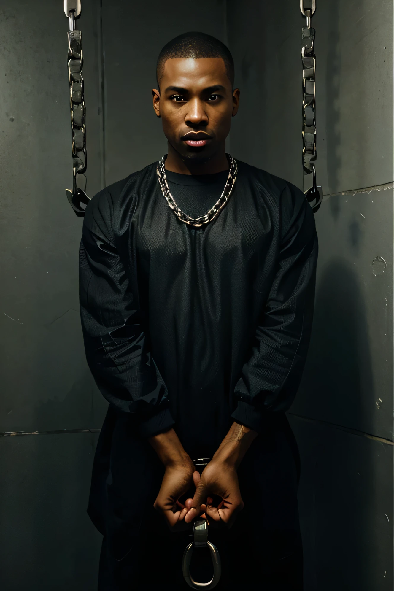 black man prisoner with hands tied with chain, buzz cut, handcuffs, prisoner cloth, police catch black man, prisoner pose, custody, hand tied with chain, police custody