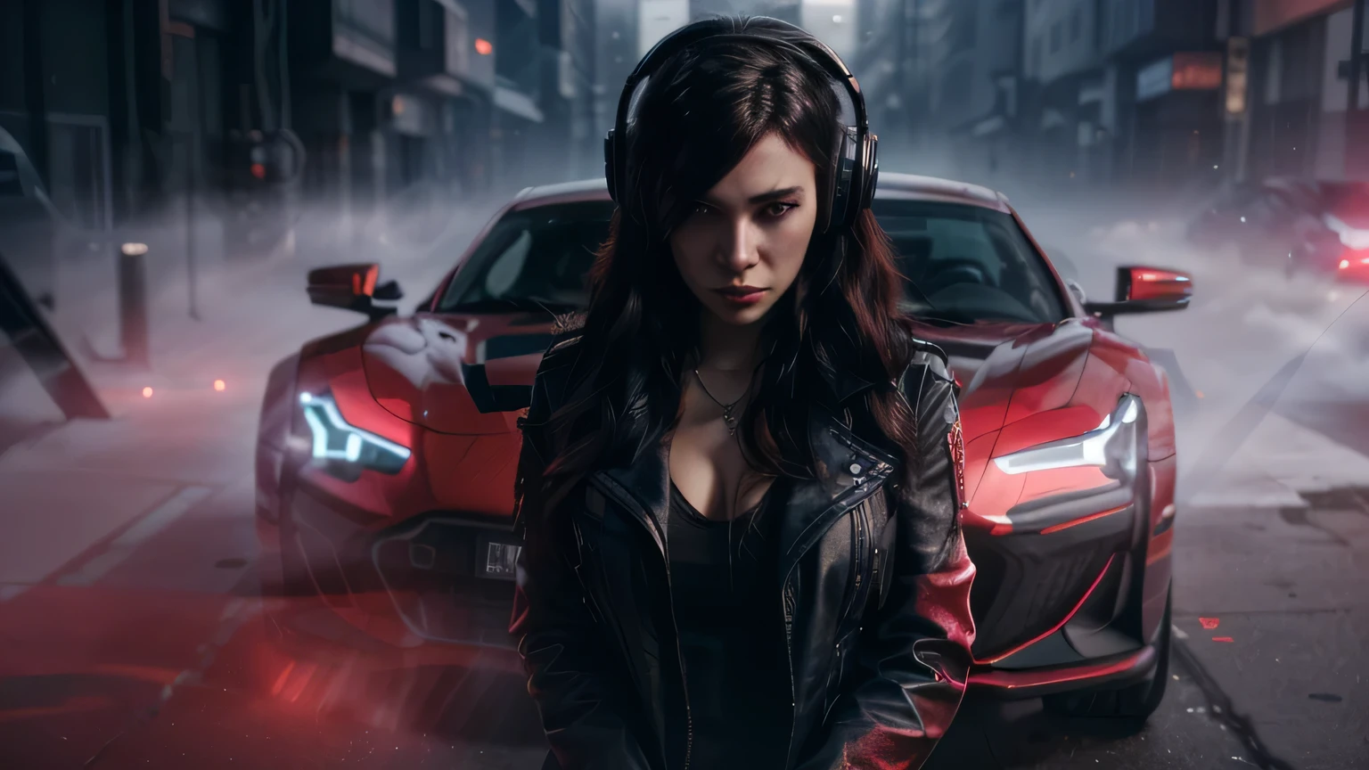 Araffed woman in black leather jacket and headphones, standing in front of a red sports car, Audiophile, девушка in headphones, sports car, portrait shot, seductive cyberpunk, dark fantasy, Clip, Red & Cinematic Lighting, best on Adobe Stock, barbara hammer 4 k, Karol Buck, contract, in headphones, Cyberpunk beautiful girl, 8k in style