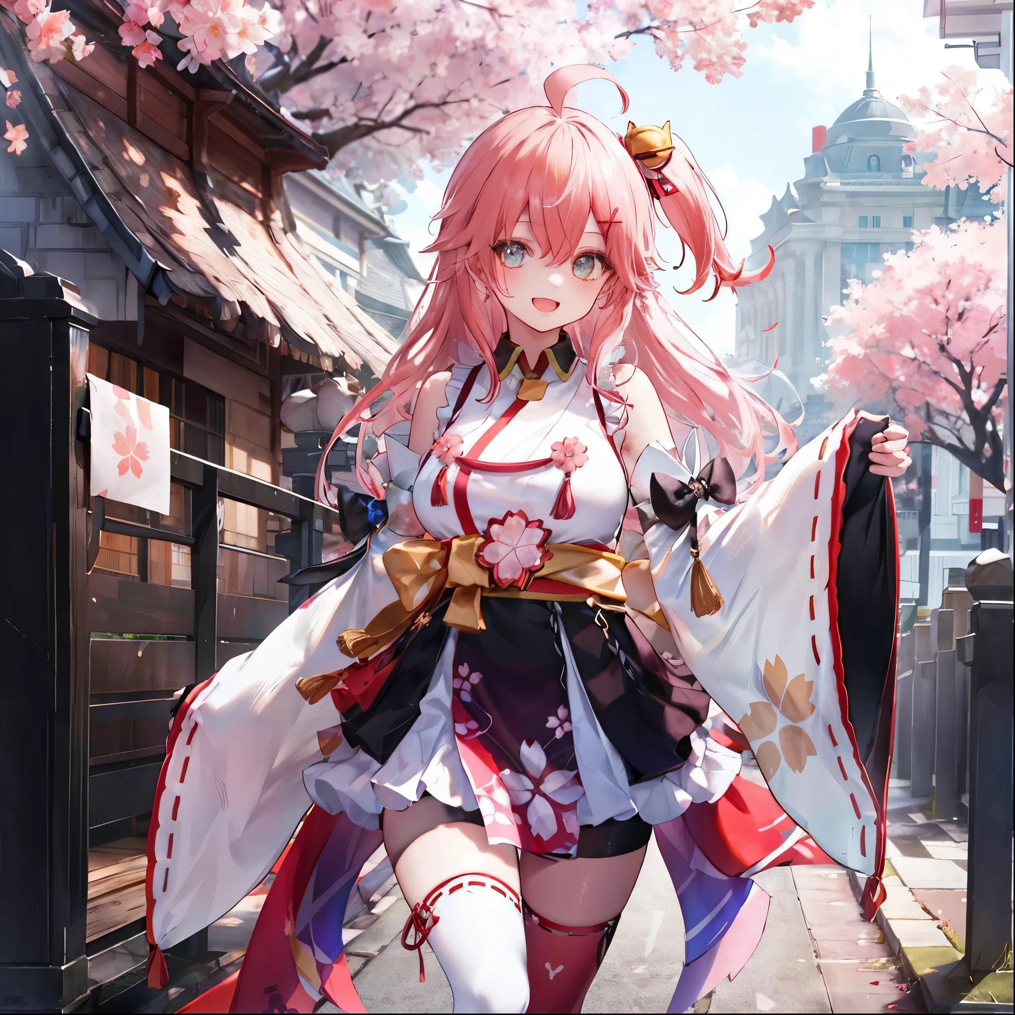 masterpiece, best quality, highres, miko1, sakura_miko, 1girl, big_boobs, solo, ahoge, x_hair_ornament, pink_hair, floral print, hairclip,(side_less_clothes:1.5), (side_boobs:1.5), hair_bell, floral print, long_hair, hair between eyes, one side up, white thighhighs, asymmetrical legwear, wide sleeves, open_mouth,(happy:1.3),gleen_eyes,big_smile,(rise_leg:1.3),plump,apart_legs,(overly_long_sleeves:1.3),),sleeves_past_wrists,hands_hidden_sleeves,sidelock_clothes,dynamic_posing,solo,hidden_wrists,(XD:1.4),covered_nipples,sunlight,cherryblossom_background,
