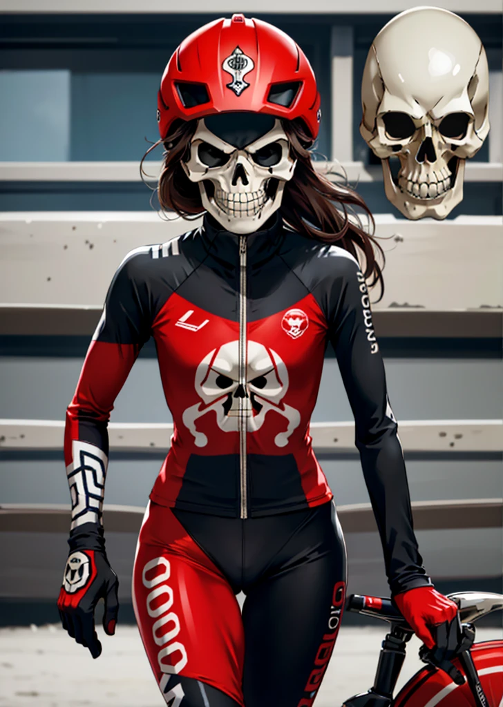 1woman, road cycling speed, long hair, red skull head, cycling suit and short, jersey, helmet, skull face head,