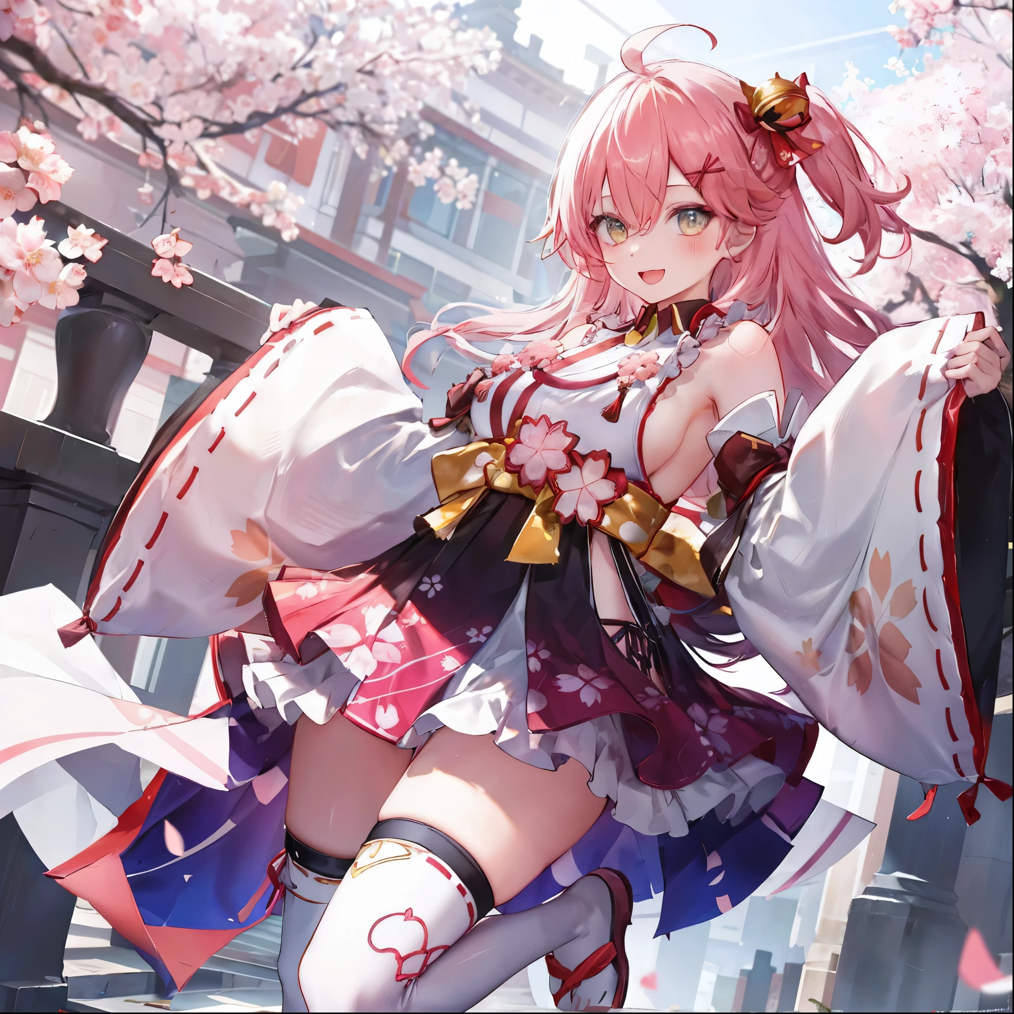 masterpiece, best quality, highres, miko1, sakura_miko, 1girl, big_boobs, solo, ahoge, x_hair_ornament, pink_hair, floral print, hairclip,(side_less_clothes:1.5), (side_boobs:1.5), hair_bell, floral print, long_hair, hair between eyes, one side up, white thighhighs, asymmetrical legwear, wide sleeves, open_mouth,(happy:1.3),gleen_eyes,big_smile,(rise_leg:1.3),plump,apart_legs,(overly_long_sleeves:1.3),),sleeves_past_wrists,hands_hidden_sleeves,sidelock_clothes,dynamic_posing,solo,hidden_wrists,(XD:1.4),covered_nipples,sunlight,cherryblossom_background,