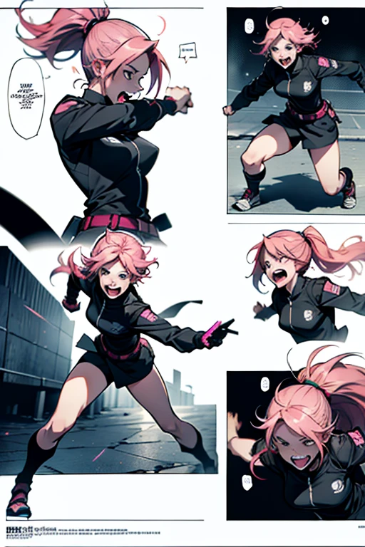 Insane girl with pink hair laughing while fighting to the death screaming, intense fight scene , full body shots manga page with panels and dialogue 