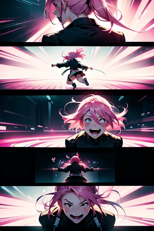 Insane girl with pink hair laughing while fighting to the death screaming, intense fight scene , full body shots manga page with panels and dialogue 