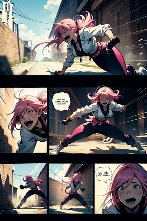 Insane girl with pink hair laughing while fighting to the death screaming, intense fight scene , full body shots manga page with panels and dialogue