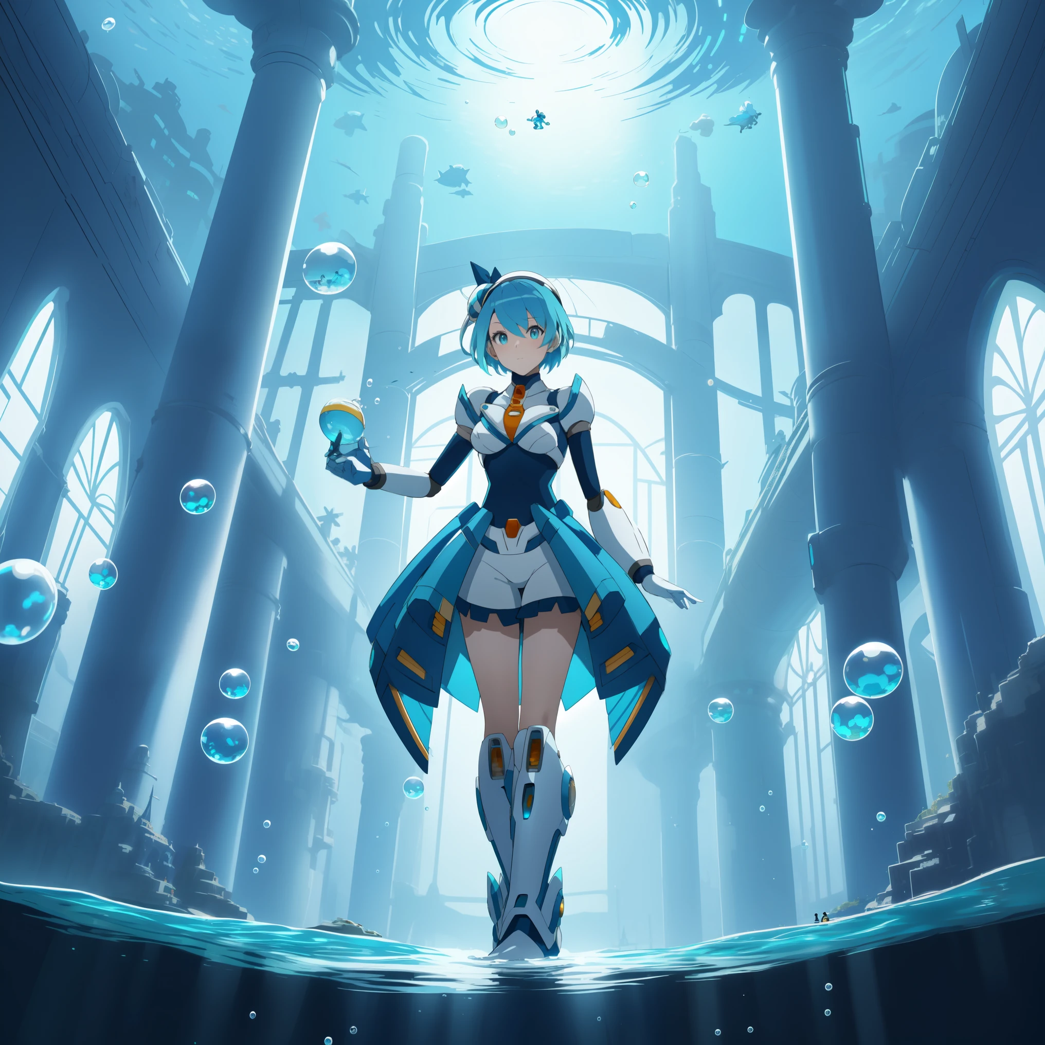 rico_megamanxdive, 1girl, solo, blue eyes, short hair, blue hair, android, high quality, masterpiece, standing in an underwater city with lots of bubbles, in the style of yuumei, intricate architectures, indigo, miniature illumination, daniel f. gerhartz