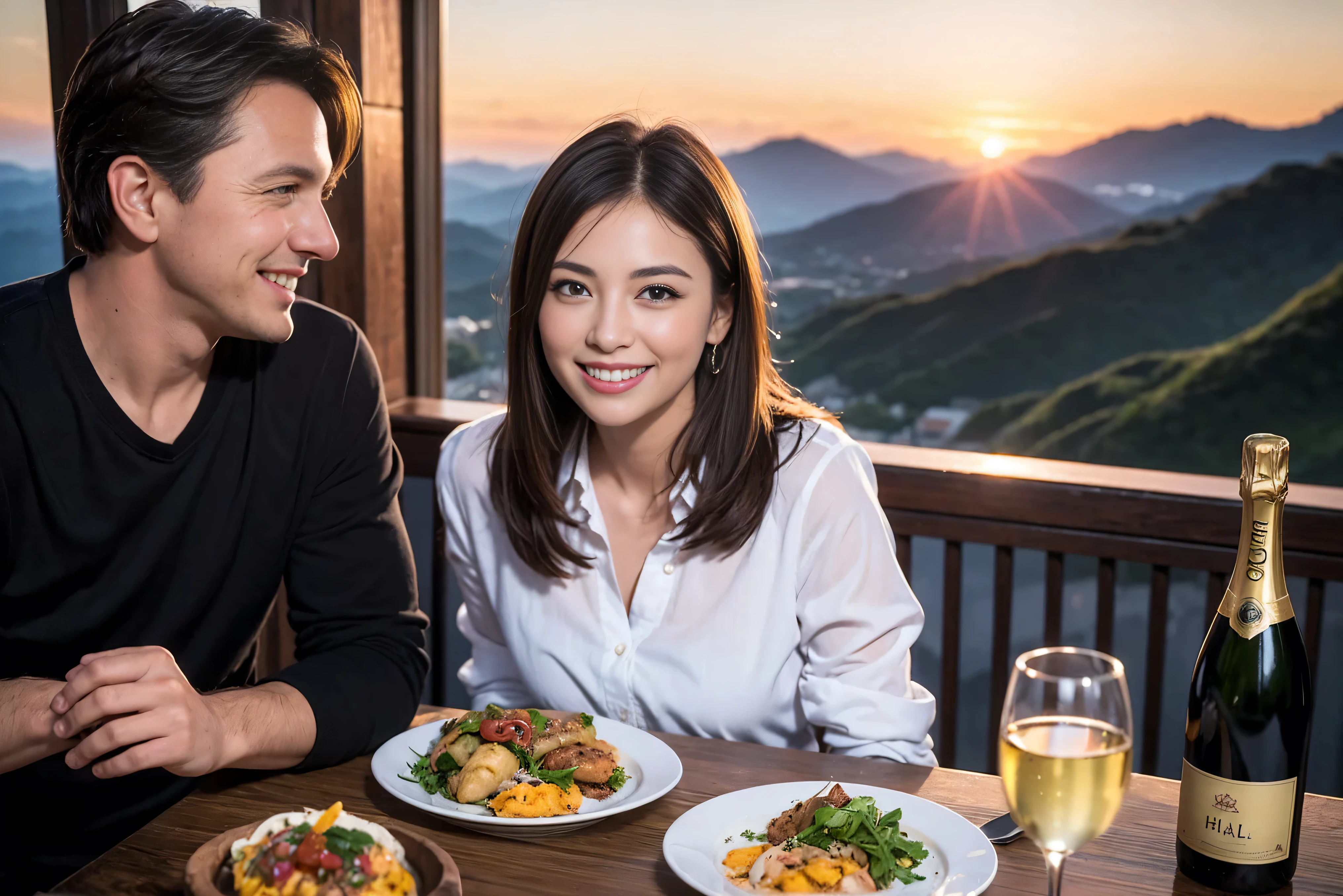 ((highest quality、8k、masterpiece:1.3))、1 male 1 female、Lovers、beautiful couple、Happy Smile、 (Slim face), (The body is スリム), (Brown Hair), (Shortcuts), ((Bob Hale、Straight hair:1.2)), Wine glass on the table、Please put light on my face、 Amazing view of the sunset sky and clouds、Amazing mountain views、The wonderfulness of smiles、Bright image、Blushing, Shortcuts,Bright Face、 (42 years old), 39 years old, red wine 、Appetizers、Italian food、Wine bottle、Champagne、sparkling wine、Long sleeve shirt、dress、Attractive beauty、restaurant, Nova Frog Style, actress, model, Upper Body, White wine, red wine, wine glass,