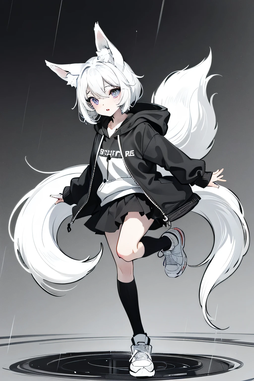 ((Best quality)), ((masterpiece)), (detailed), girl, with white hair, white fox ears, white fox tail, in a black hoodie, in black skirts, and in black stockings, and black sneakers, with a white fox, Purple eyes, under rain