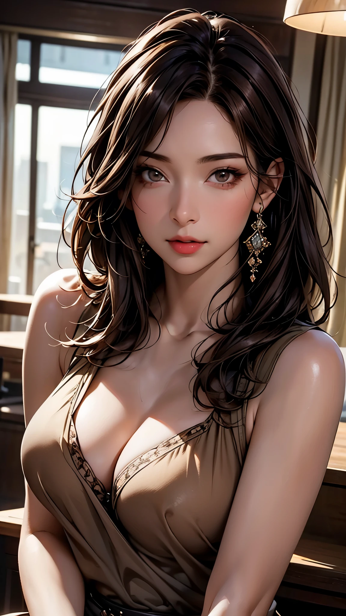 masterpiece,highest quality,Stylish western style cafe,female cafe clerk,(cafe clerk:1.3),(fine clothes),(carry a coffee pot),laughter,Bright atmosphere in the store, highest quality,8K,super high resolution,(Photoreal:1.3),RAW photo、(1 female), ((brown hair, casually hair:1.6)), glowing skin, cafe clerk, stylish, cute apron,((Ultra realistic details)),portrait,global illumination,octane rendering, 8K,super sharp,very intricate details,realistic light,Trends in CG society,beautiful eyes,shining eyes,towards the camera