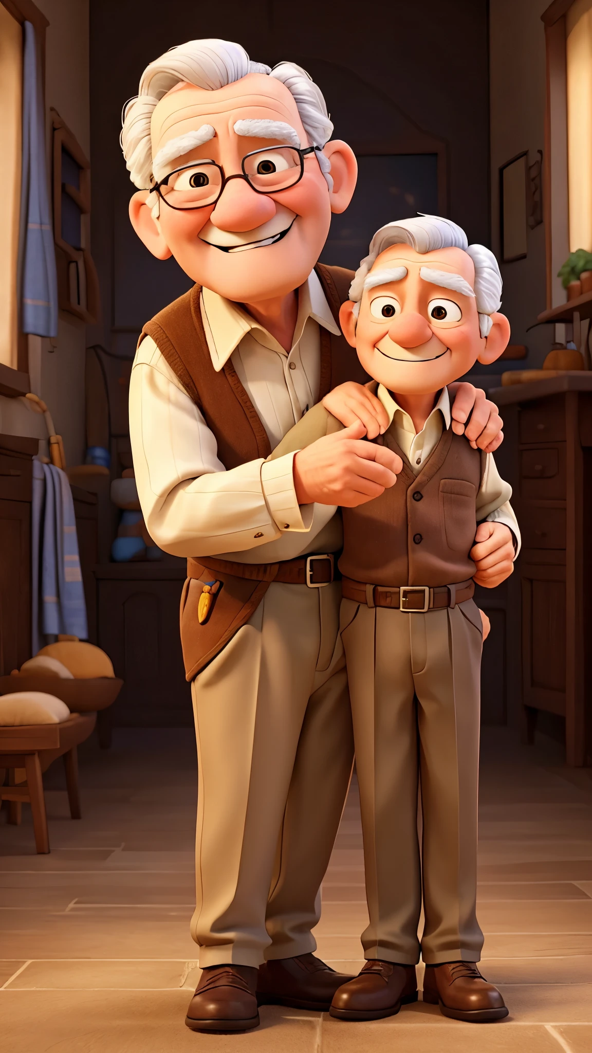  The grandfather smiles warmly, placing a gentle hand on his grandson's shoulder.