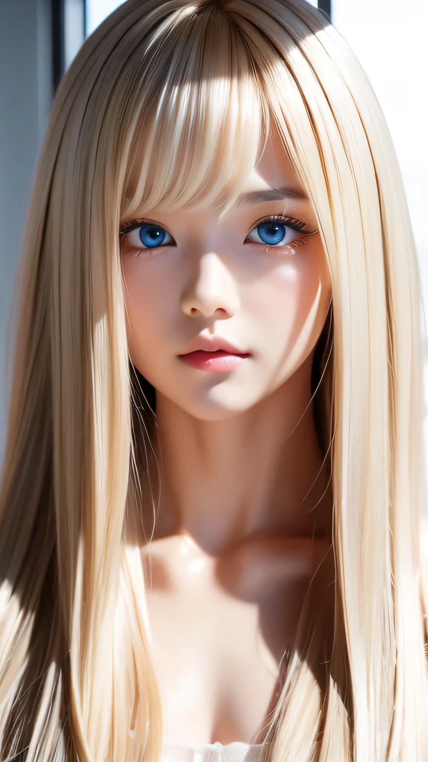 A perfectly beautiful face、Super long messy silky beautiful blonde、Beautiful cute girl 15 years old、Sexy and very beautiful cute face、Beautiful cute sexy bright pale sky blue big eyes、Long beautiful bangs、Very super long beautiful blonde shiny silky hair、Very white skin、Cheek gloss、Glossy Skin、eyeliner、A peerless beauty、Hair above the eyes、片Hair above the eyes、Hair between the eyes、