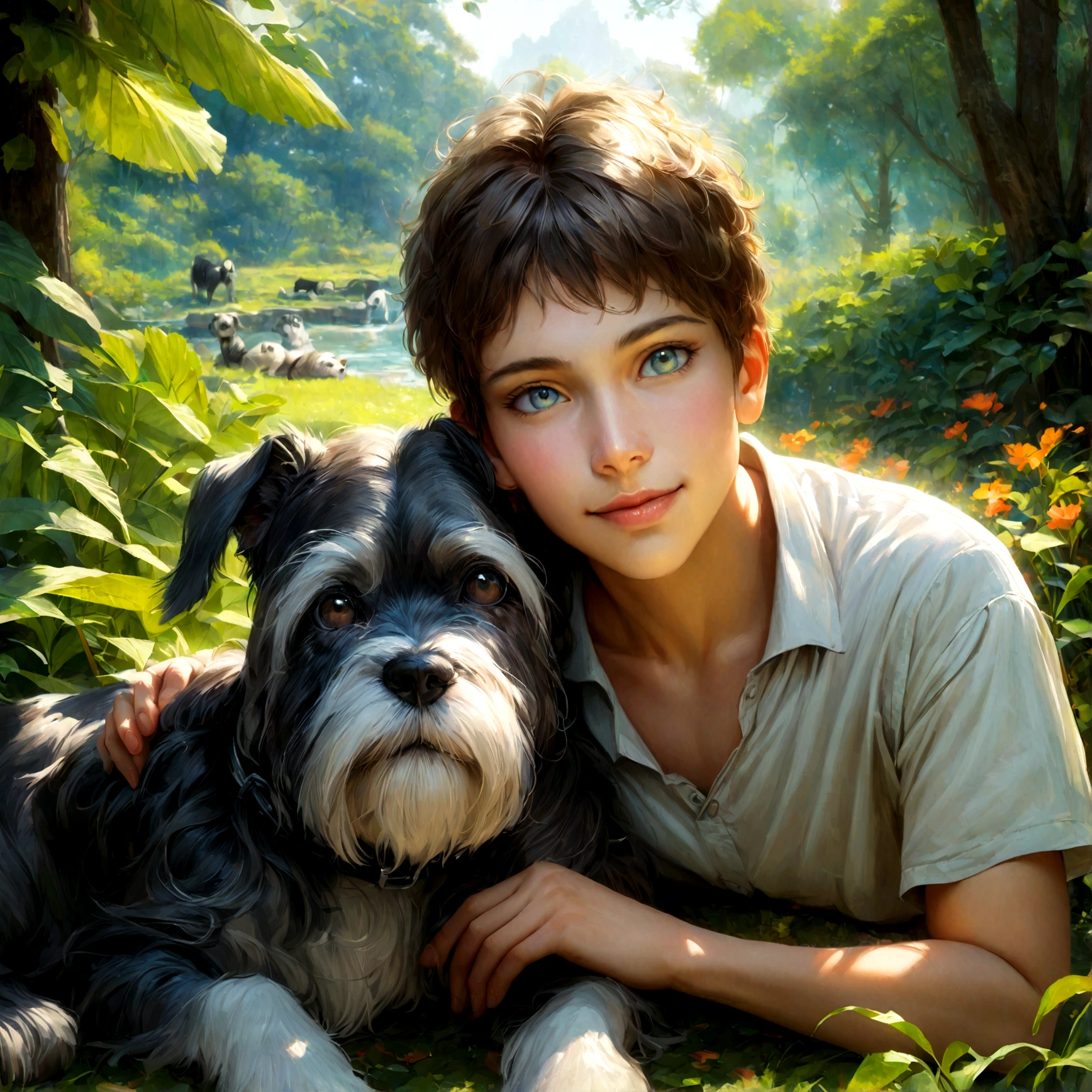 1 smiling 15 year old boy, with his loyal friend schnauzer dog, lying in a garden, beautiful detailed eyes, beautiful detailed lips, extremely detailed face and eyes, long eyelashes, photorealistic, 4k, highres, realistic, masterpiece, intricate details, vibrant colors, natural lighting, lush foliage, scenic landscape, peaceful atmosphere
