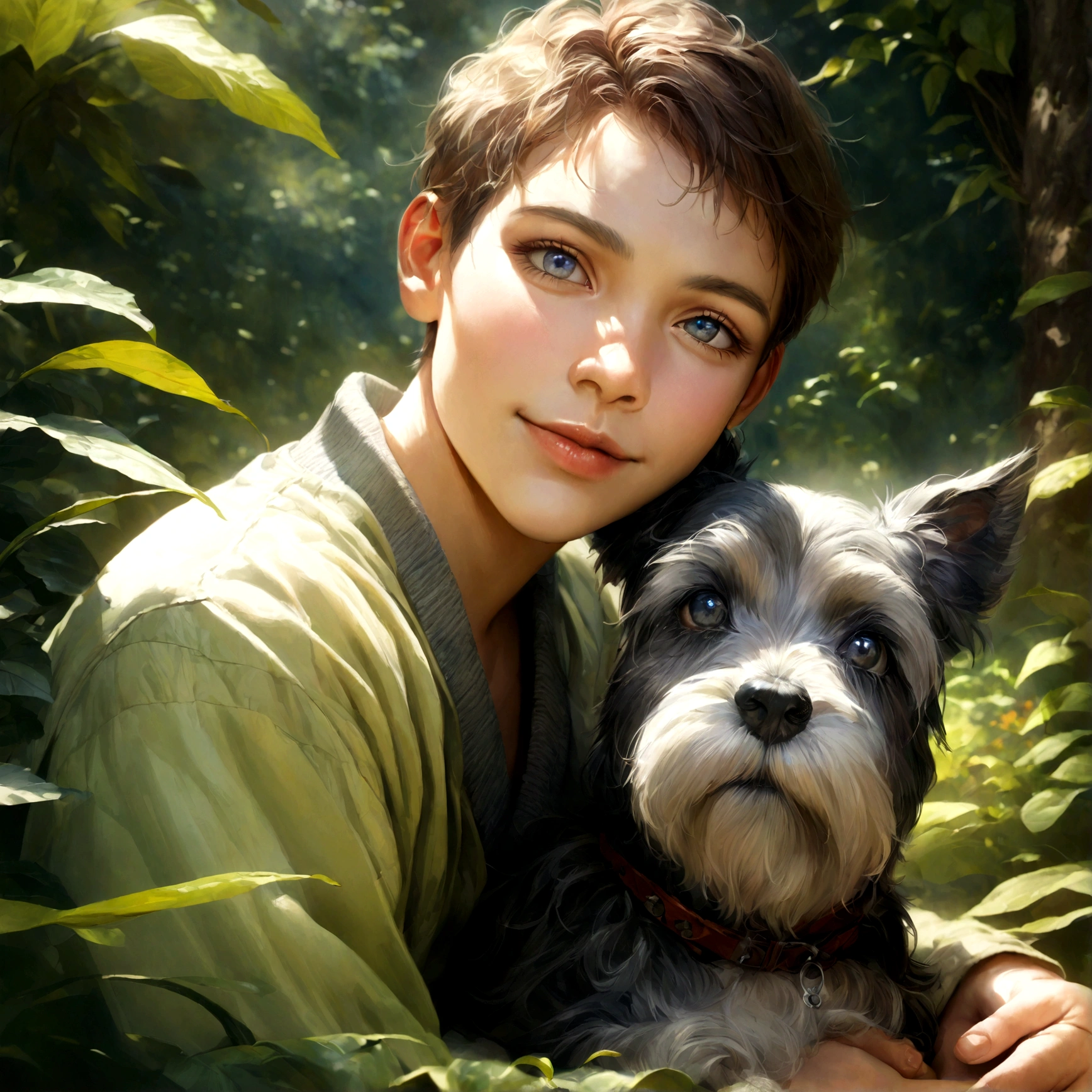 1 smiling 15 year old boy, with his loyal friend schnauzer dog, lying in a garden, beautiful detailed eyes, beautiful detailed lips, extremely detailed face and eyes, long eyelashes, photorealistic, 4k, highres, realistic, masterpiece, intricate details, vibrant colors, natural lighting, lush foliage, scenic landscape, peaceful atmosphere