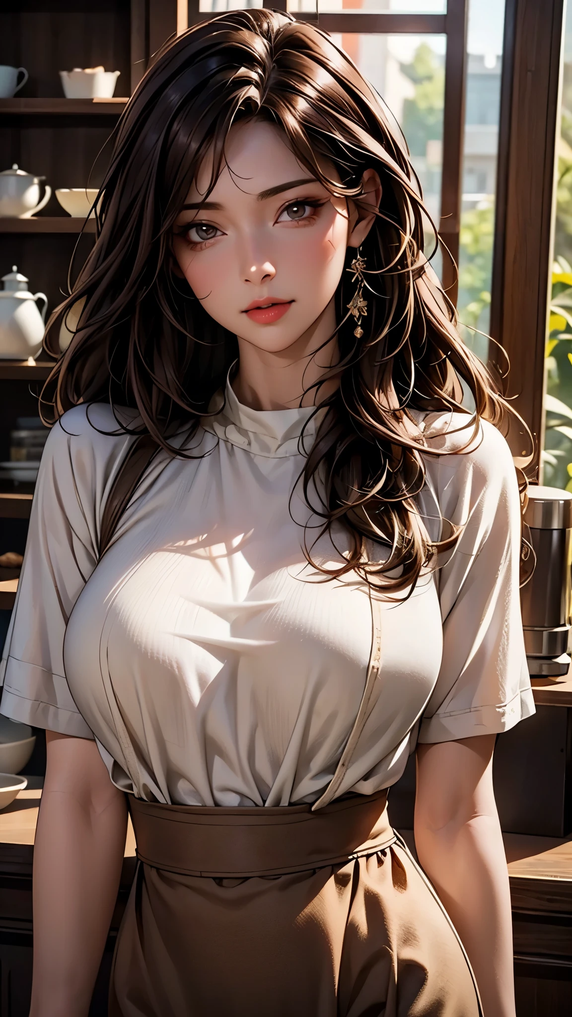 masterpiece,highest quality,Stylish western style cafe,female cafe clerk,(cafe clerk:1.3),(fine clothes),(carry a coffee pot),laughter,Bright atmosphere in the store, highest quality,8K,super high resolution,(Photoreal:1.3),RAW photo、(1 female), ((brown hair, casually hair:1.6)), glowing skin, cafe clerk, stylish, cute apron,((Ultra realistic details)),portrait,global illumination,octane rendering, 8K,super sharp,very intricate details,realistic light,Trends in CG society,beautiful eyes,shining eyes,towards the camera