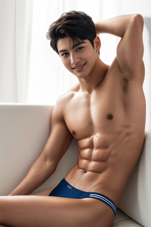 (1 young man), age 18, Opposite 3, (Masterpiece, Excellent quality, high resolution, 8ก, complex: 1.2), (detailed face: 1.2), (lower sexy bikini thong), (shirtless), ((topless)), ((pubes)), Very handsome, Wavy abdominal muscles, Abs, Abdominal hair, Beautiful skin, short hair, lying down, spread legs, bed background, lifted arms, lifted legs, Focus Man, ((realistic)), good lighting quality, delicate body, Idol, ((Pale skin)), balanced eyes, brown eyes, smile, white teeth, smooth hair, 