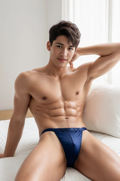 (ung man), age 18, Opposite 3, (Masterpiece, Excellent quality, high resolution, 8ก, complex: 1.2), (detailed face: 1.2), (lower sexy bikini thong), (shirtless), ((topless)), ((pubes)), Very handsome, Wavy abdominal muscles, Abs, Abdominal hair, Beautiful skin, short hair, lying down, spread legs, bed background, lifted arms, lifted legs, Focus Man, ((realistic)), good lighting quality, delicate body, Idol, ((Pale skin)), balanced eyes, brown eyes, smile, white teeth, smooth hair, 