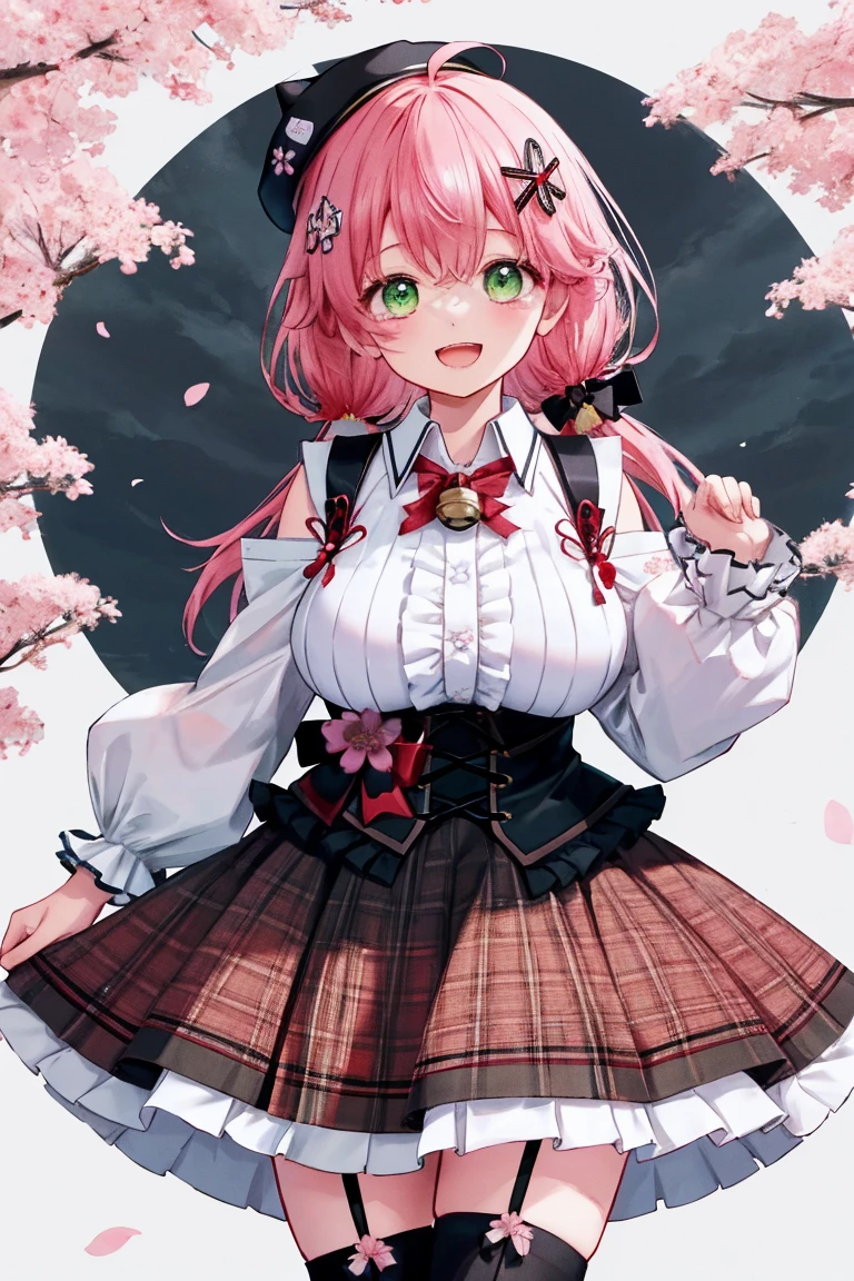 Tabletop, Highest_quality, height_solve, Miko 2,ponytail, One girl, Ahoge, Black Hat, hair ornaments, White shirt, Black knee socks, Pink Hair, red_skirt, very_short_skirt, plaid skirts, garter_strap, Collared shirt, Barrette, Frills, bangs, eyeの間の毛, frills skirt, beret, Pleated skirt, Hair Flowers, Neck bell, , Fluffy long sleeves, Black Bow, Underbust, Cowboy Shot,smile, (huge_chest:1.3),Covered_Nipples, Covered_Pussy,green_eye, Happy, Childish_Pause,Spread the word_feet,(big_smile:1.2),plump,Open_mouth,shout,half_eye,Cherry Blossom_garden_background,