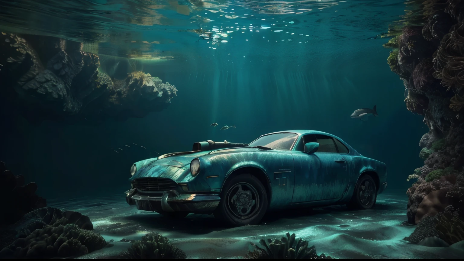 sunken car in the ocean, fish swimming by, in the art style of filip hodas, inspired by Filip Hodas, 4K cinematic wallpaper, 4K cinematic wallpaper, surrealism 8k, by Filip Hodas, octane number aesethic, Cinematic water scene close-up, digital painting. octane number, realistc octane number, 4K wallpaper