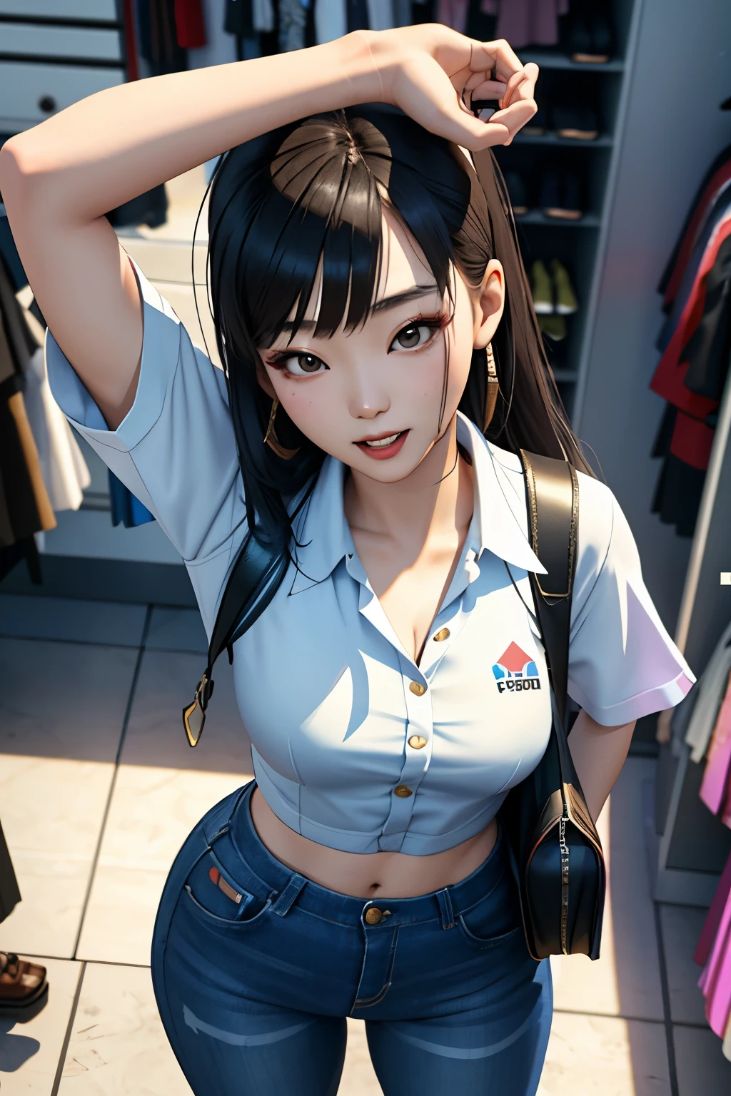 Korean gangster girl, (18 years old), in the clothing store, slender, excited expression, (from above view), (masterpiece, best quality, extremely detailed, hyper realistic), (3D)