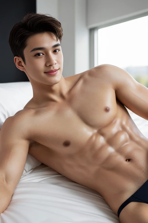 (1 young man), age 18, Opposite 3, (Masterpiece, Excellent quality, high resolution, 8ก, complex: 1.2), (detailed face: 1.2), (lower sexy bikini thong), (shirtless), ((topless)), ((pubes)), Very handsome, Wavy abdominal muscles, Abs, Abdominal hair, Beautiful skin, short hair, lying down, spread legs, bed background, lifted arms, lifted legs, Focus Man, ((realistic)), good lighting quality, delicate body, Idol, ((Pale skin)), balanced eyes, brown eyes, smile, white teeth, smooth hair, 