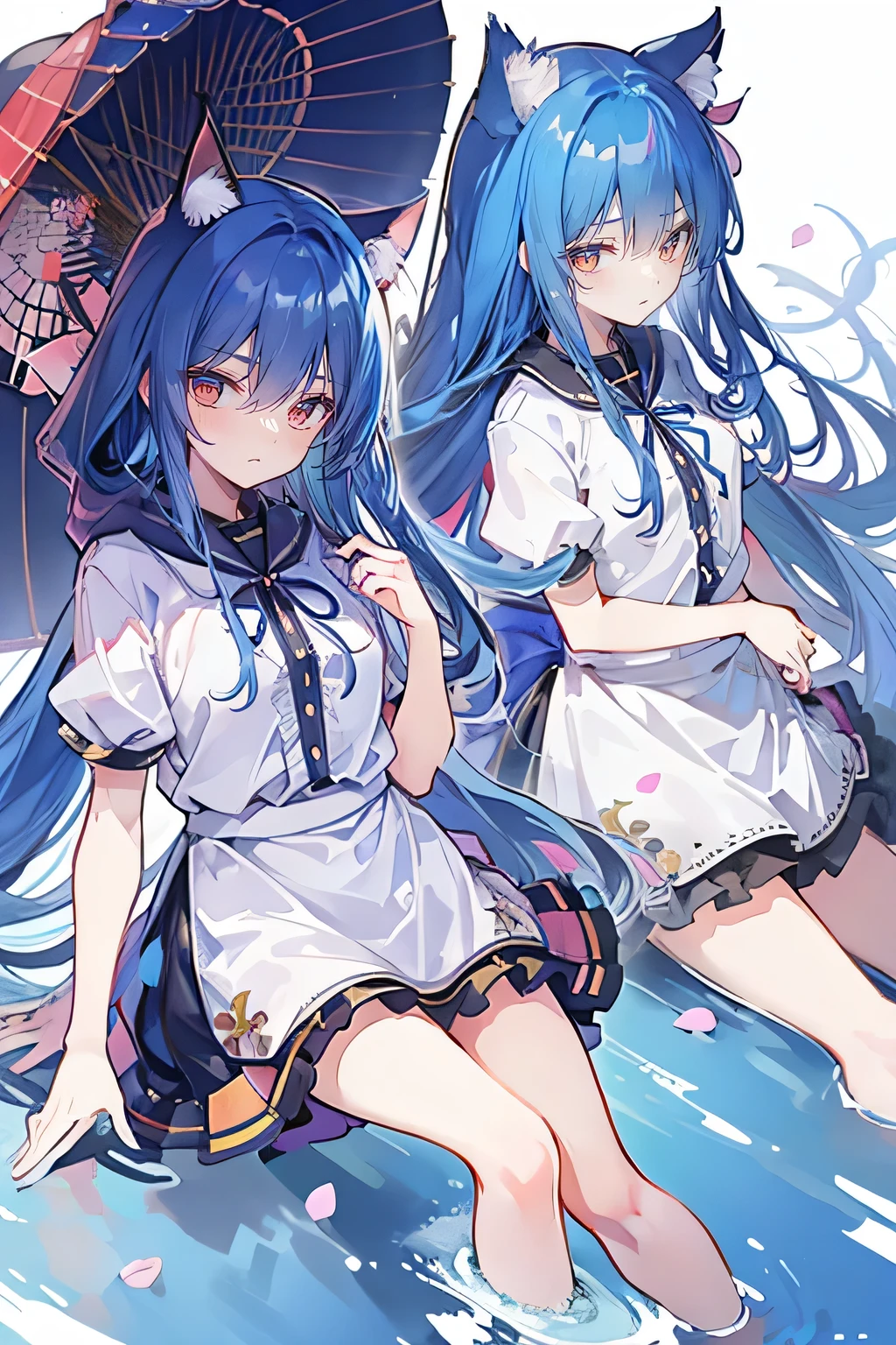 (masterpiece:1.2),Super detailed,lifelike,Expressive eyes,fair skin,perfect face shape,1 girl,
Japanese comics,Gorgeous blue hair,flowing blue hair,flowing clothes,Cat ears,Petals fall,beautiful lola,Baby Angel,
Shaking head with one hand,Cross your legs,Gentle and peaceful background,The pavilion is cool and comfortable,smile, wearing hoodie, background of tokyo,back views,snowing, winter,lie on the water.