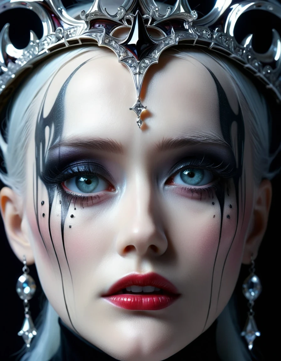Close-up of face, (super macro), devil's crown, mournful weeping expression, Serge Rutens style, Cecil Beaton style