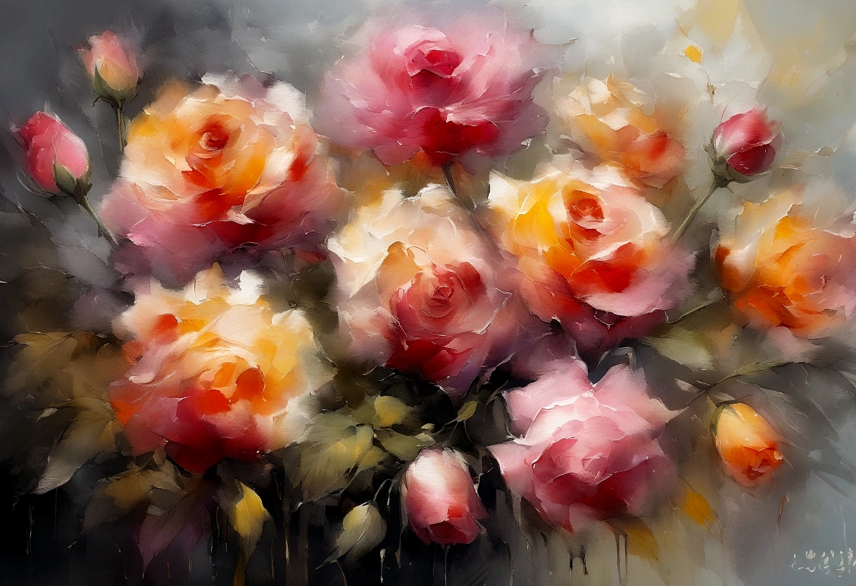 ((materpiece)), ((best quality)), ((high-res)), ((Ink wash)), ((artist)), ((extremly details)), ((impasto painting)), beautiful roses flowers, pastel colors