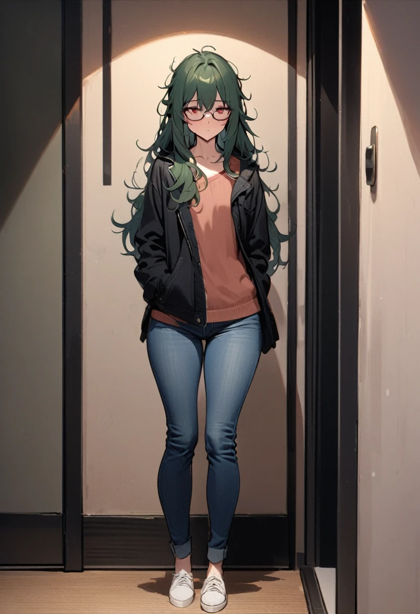 masterpiece, best quality, 1 female, solo, 35 year old female,full body,standing ,turn away,casual outfit, jeans,flat chest,Long Hair, Dark Green Hair,messy hair,glasses, red eyes,Shy , wide hips,tall,in room,